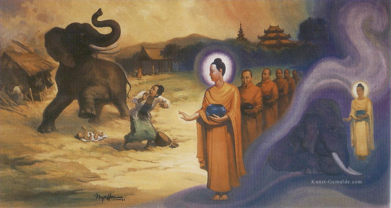 Buddha Unterwerfung des heftigen betrunkenen Elefanten nalagiri Buddhismus Ölgemälde